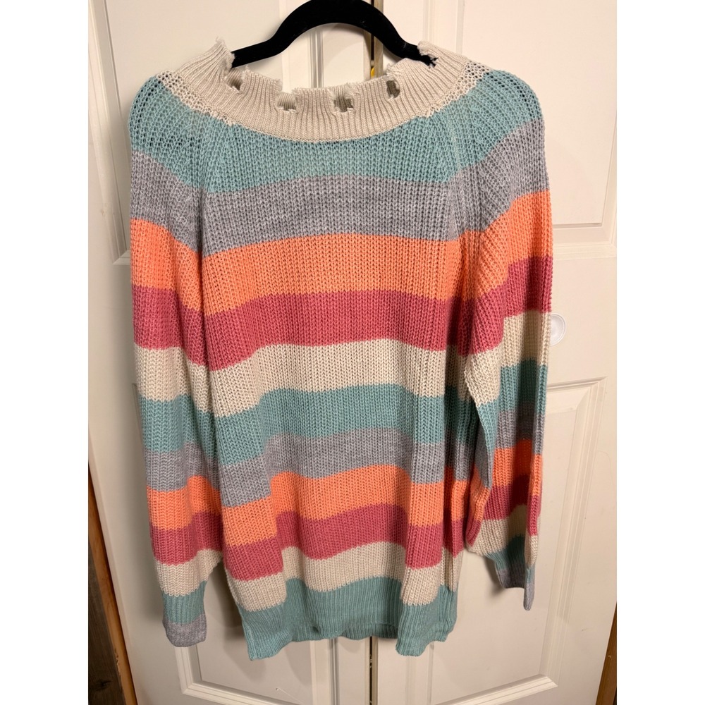 Fantastic Fawn Striped Knit Sweater Distressed Neckline Multi-Color Oversized L
